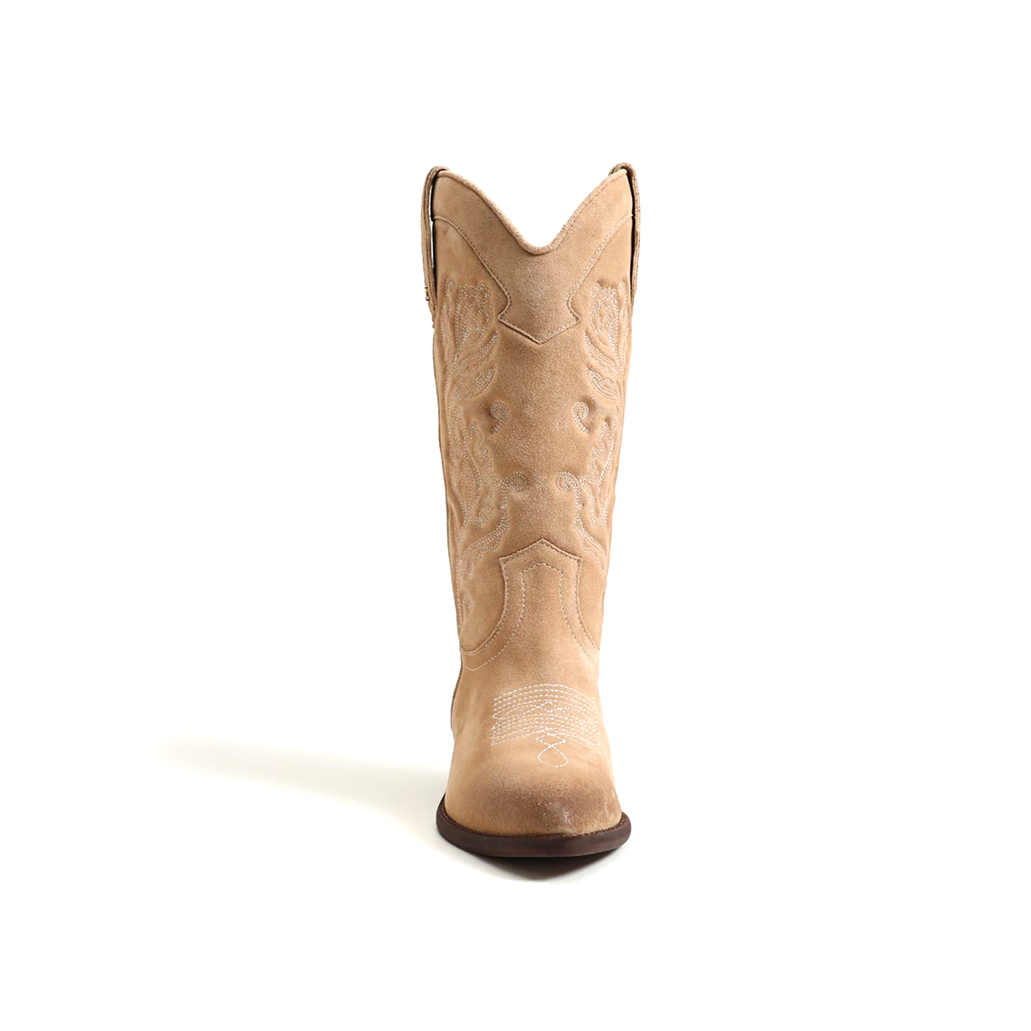 Tan Faux Suede Almond-Toe Flowers Embroidery Mid Calf Cowgirl Boots