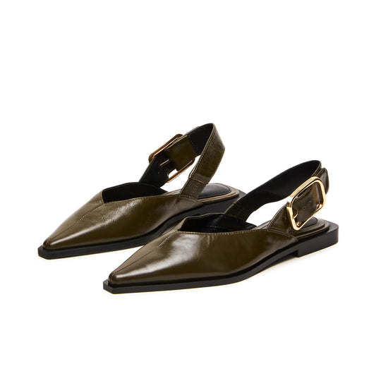 Olive Green Vegan Leather Pointed-Toe Slingback Buckle Flats