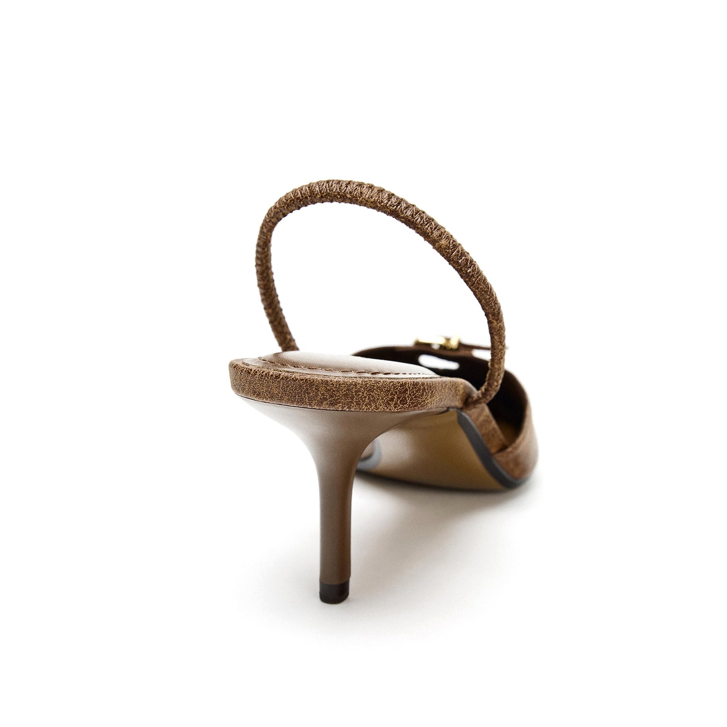 Distressed Brown Pointed-Toe Front Buckle Slingback Kitten Heels