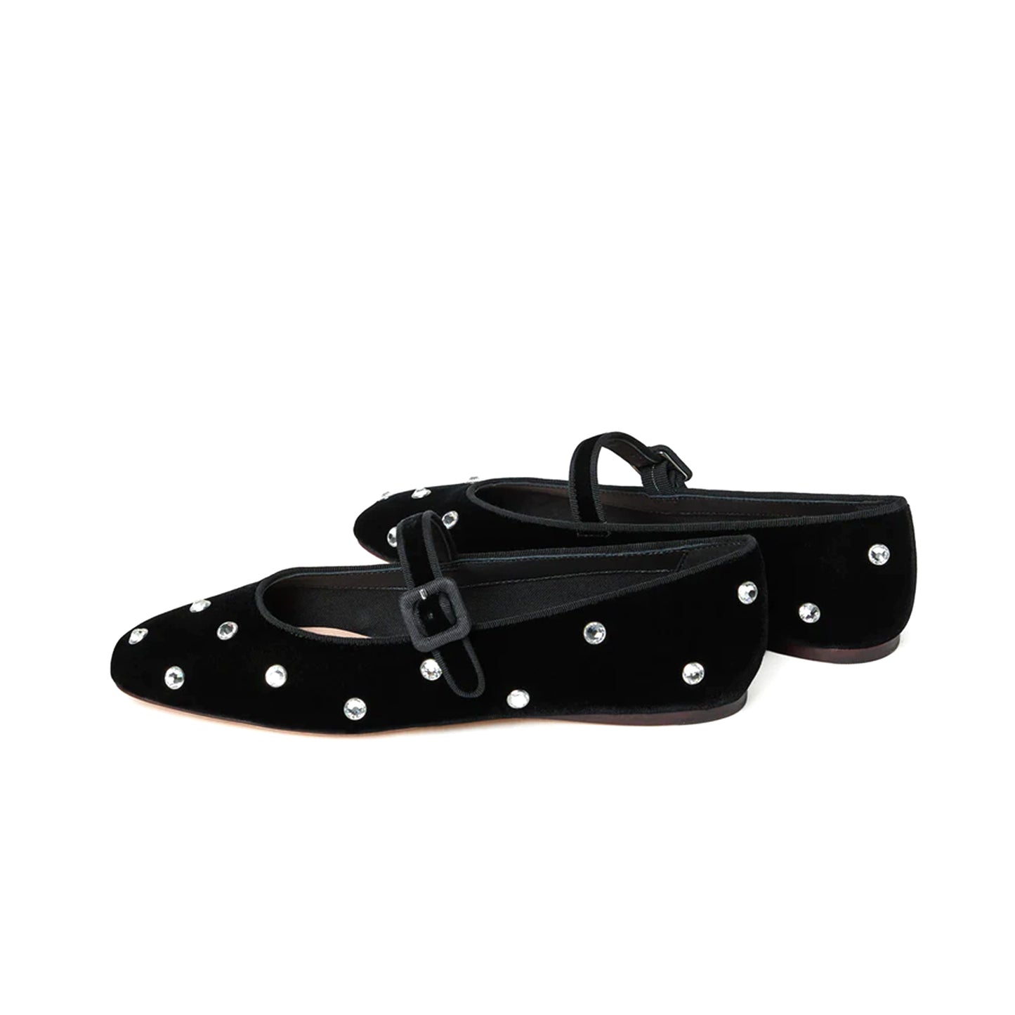 Black Velvet Square-Toe Bridge Strap Ballet Flats With Rhinestones