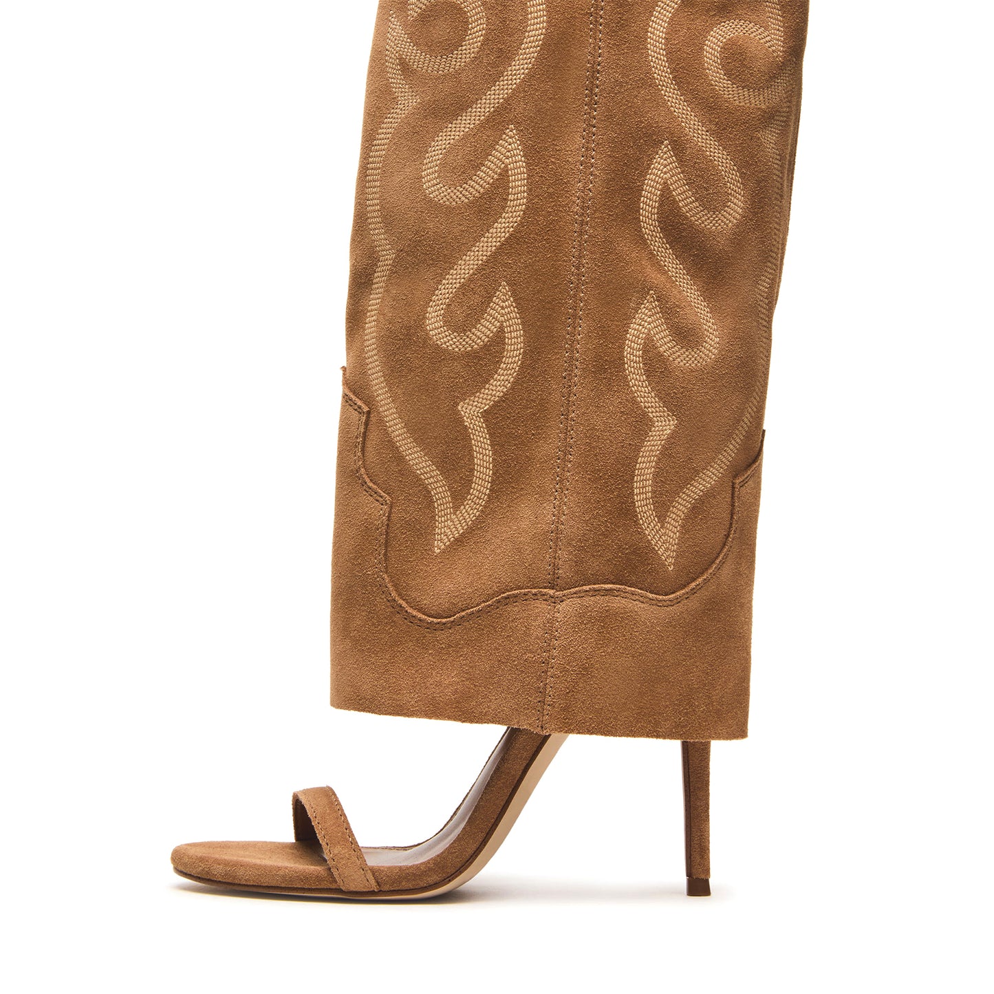 Tan Faux Suede Open Round-Toe Fold-Over Embroidery Wide Calf Knee High Stiletto Boots.