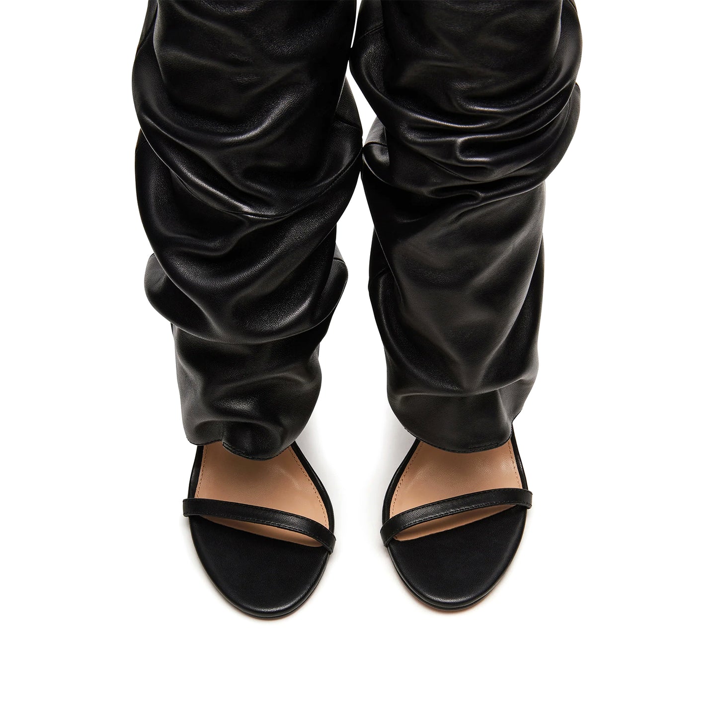 Black Open Round-Toe Fold-Over Wide Calf Knee High Stiletto Boots