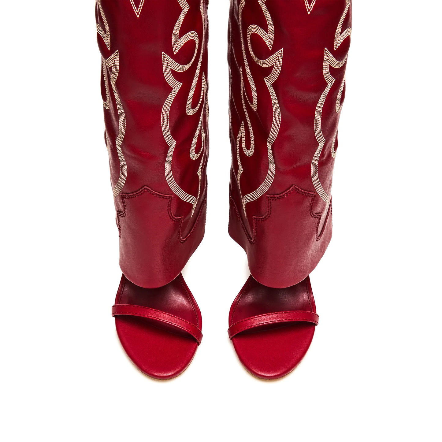 Red Open Round-Toe Fold-Over Embroidery Wide Calf Knee High Stiletto Boots