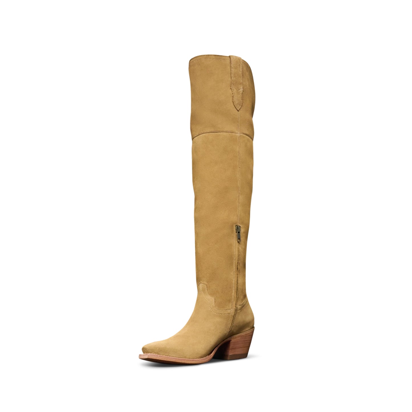 Sand Faux Suede Snip-Toe Half-Zip Over-The-Knee Cowgirl Boots