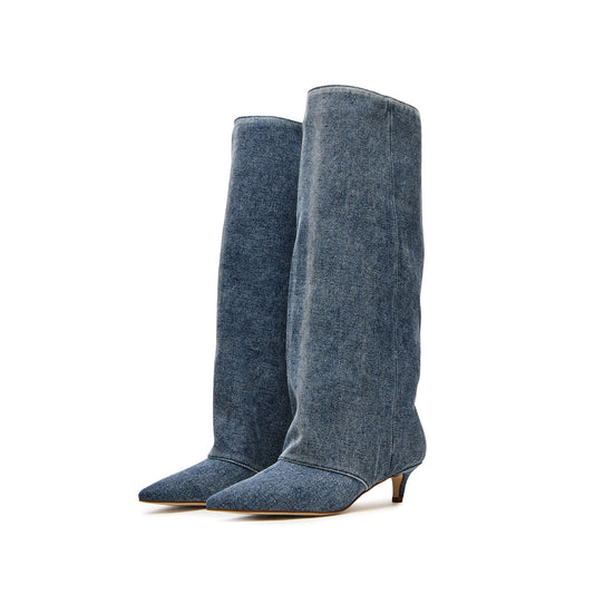 Blue Denim Pointed-Toe Wide Calf Knee High Stiletto Boots
