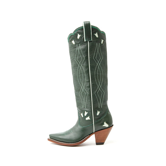 Green Snip-Toe Embroidery And Floral Inlay Wide Calf Knee High Cowgirl Boots