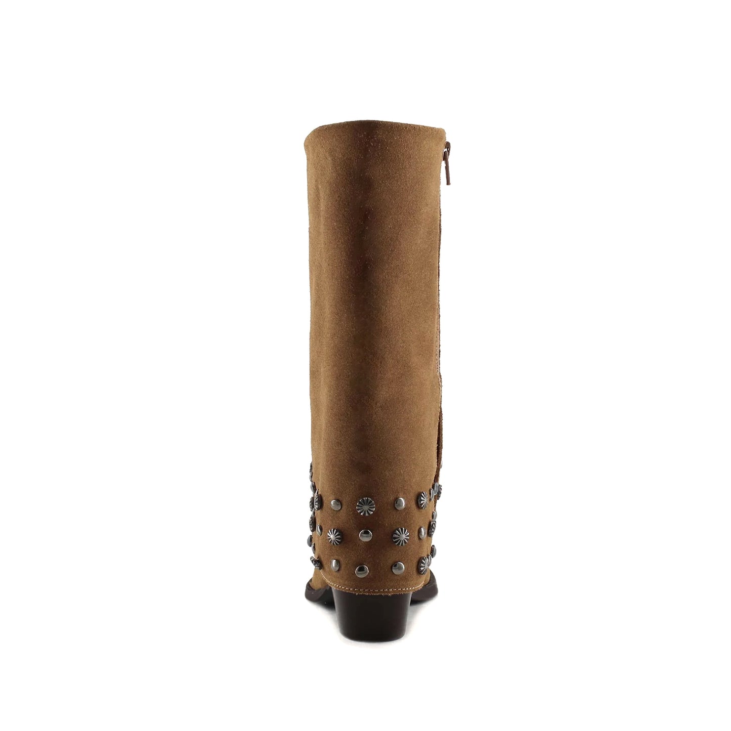 Brown Faux Suede Snip-Toe Studded Fold-Over Full-Zip Mid Calf Cowgirl Boots