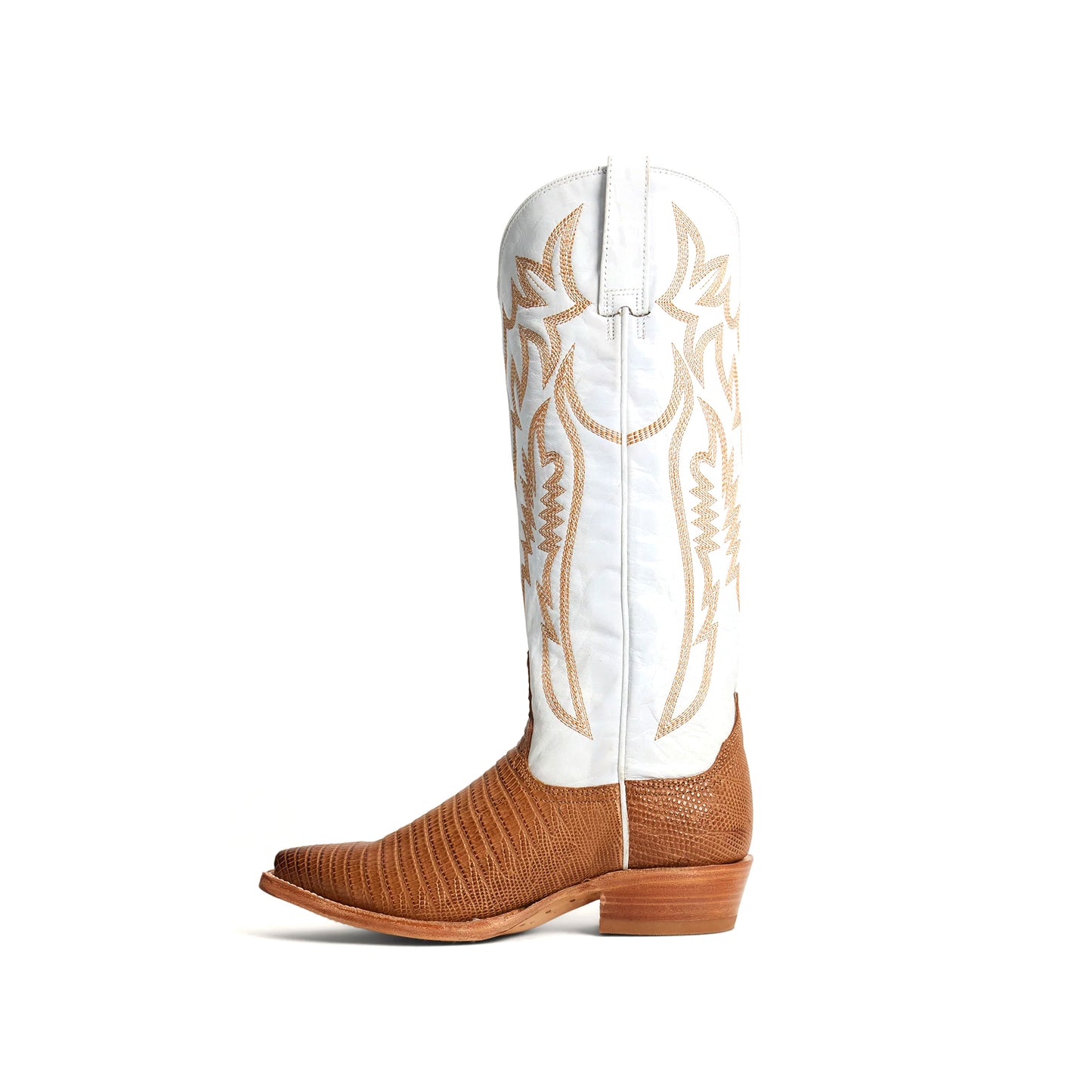 Contrast White And Tan Snip-Toe Embroidery Wide Calf Knee High Cowgirl Boots