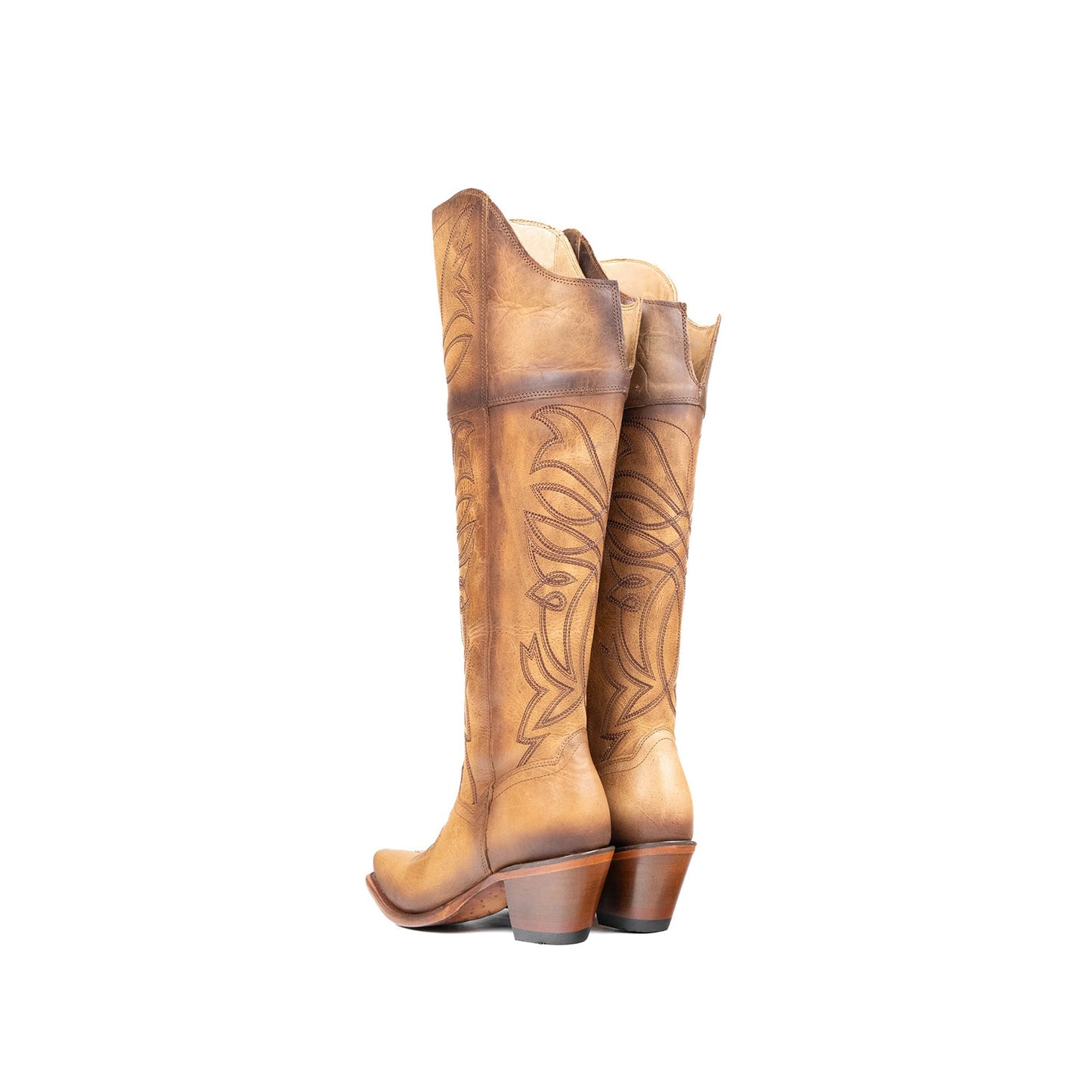 Tan Snip-Toe Half-Zip Western Embroidery Knee High Cowgirl Boots