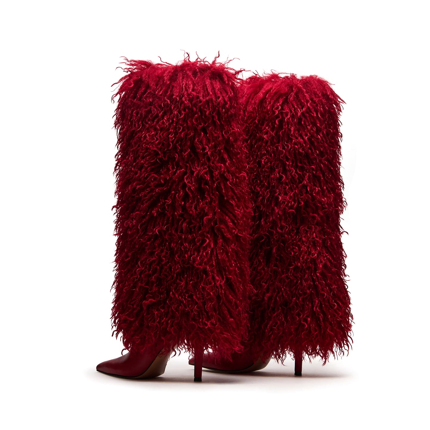 Red Pointed-Toe Full Plush Wide Calf Knee High Stiletto Boots