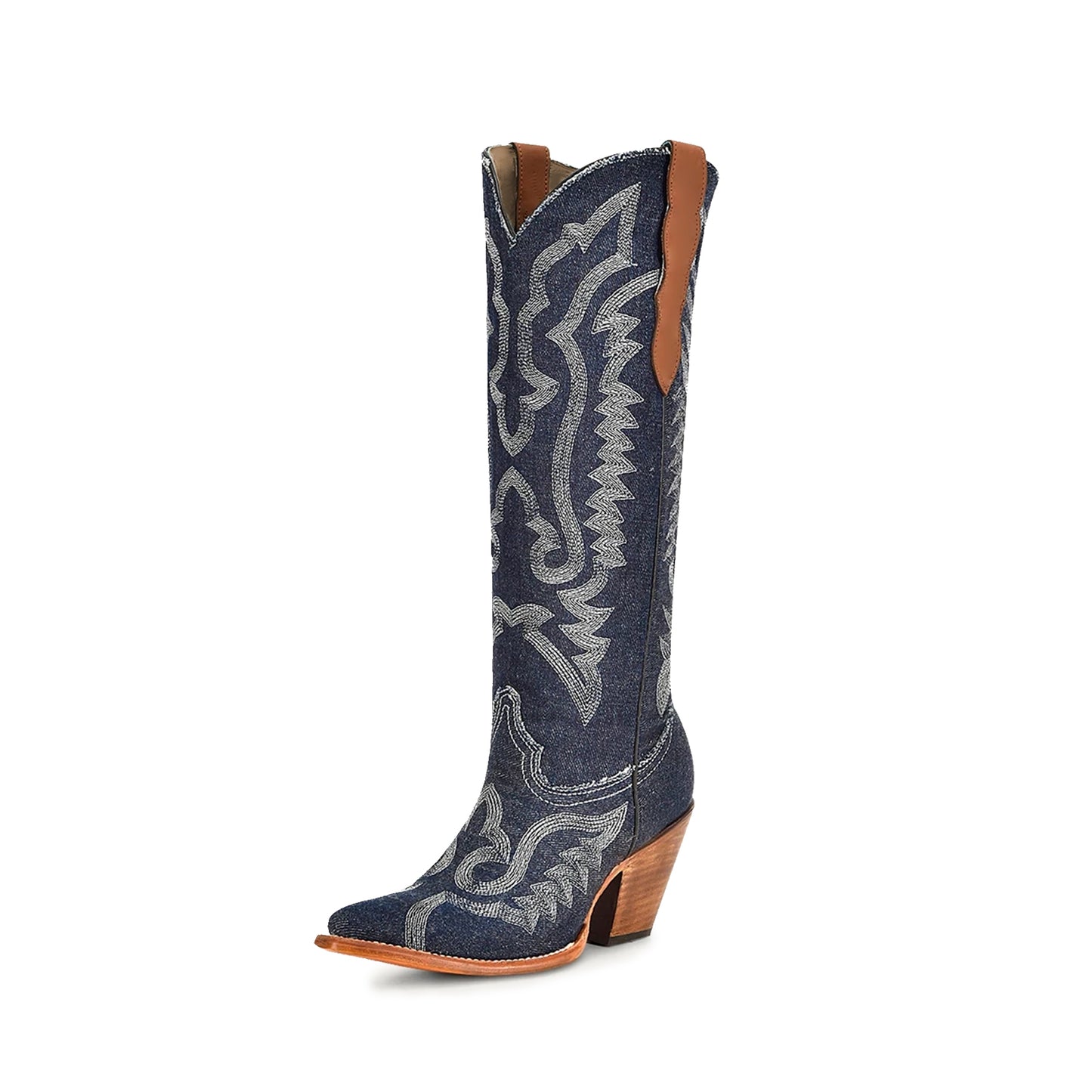 Blue Denim Almond-Toe Embroidery Wide Calf Knee High Cowgirl Boots