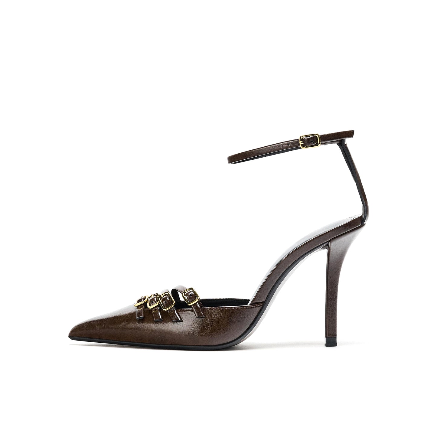 Brown Pointed-Toe Front Straps With Buckle And Ankle Strap High Heels