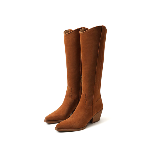 Brown Faux Suede Pointed-Toe Half-Zip Knee High Cowgirl Boots