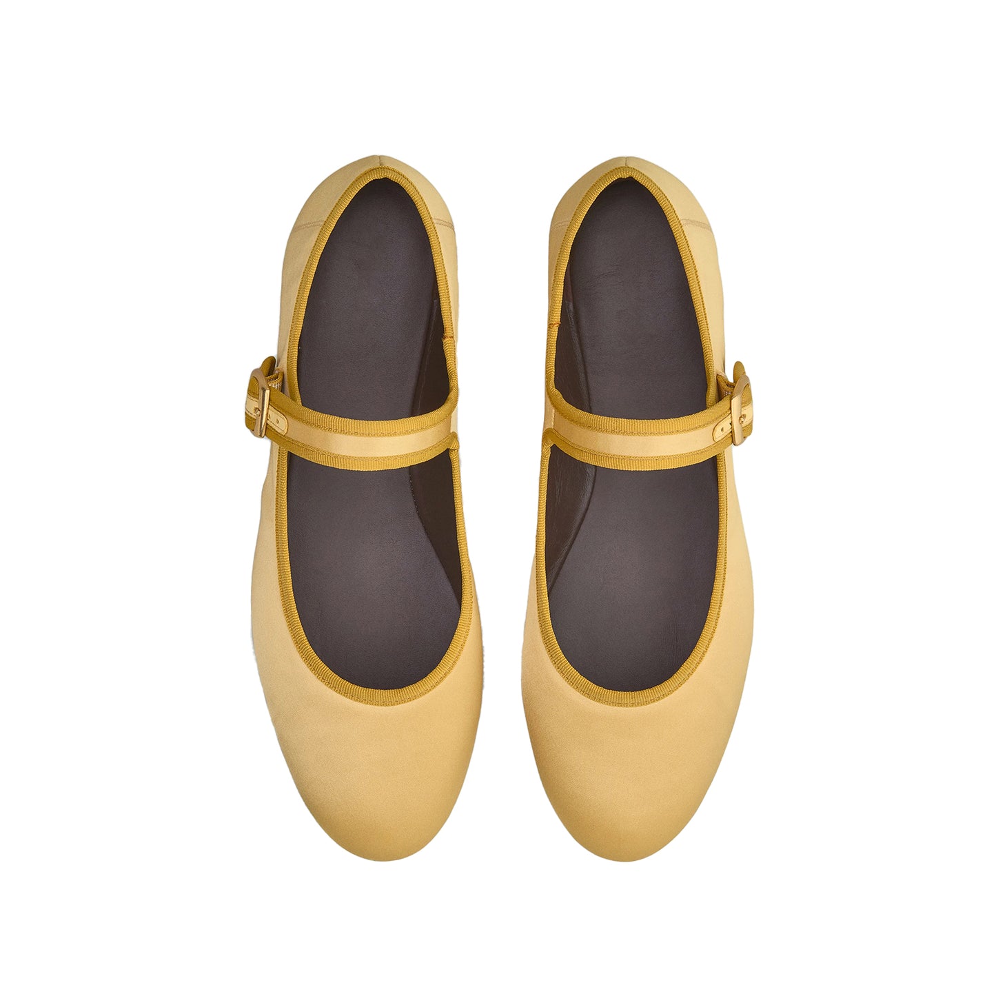 Lemon Yellow Satin Round-Toe Bridge Buckle Strap Ballet Classic Flats