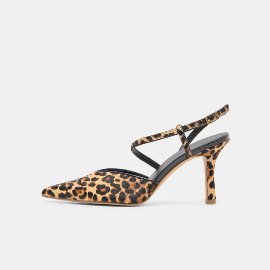 Leopard Pony Hair Pointed-Toe S-Shaped Strap High Heels