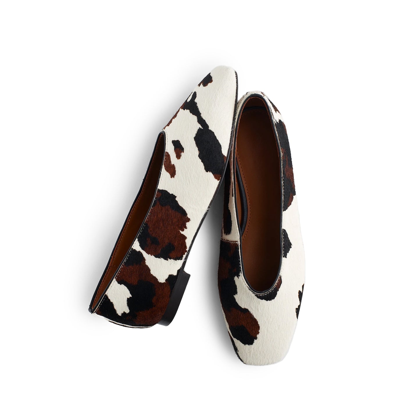 Cow Print Pony Hair Vegan Leather Square-Toe Ballet Flats