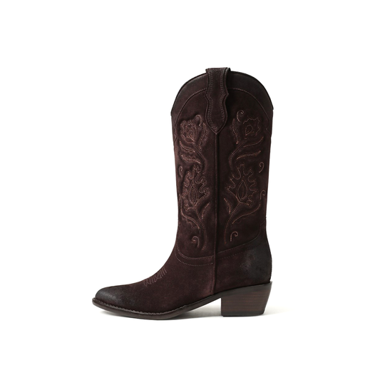 Coffee Faux Suede Almond-Toe Flowers Embroidery Mid Calf Cowgirl Boots