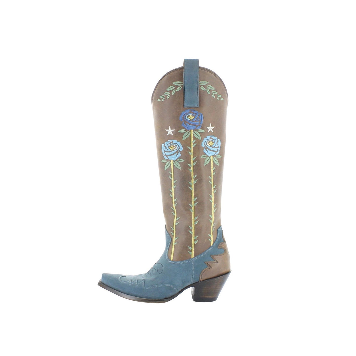Contrast Green And Blue Snip-Toe Roses Embroidery Full-Zip Knee High Cowgirl Boots