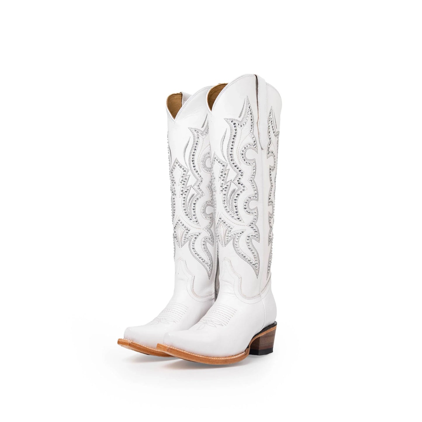 White Snip-Toe Rhinestone And Embroidery Half-Zip Knee High Cowgirl Boots