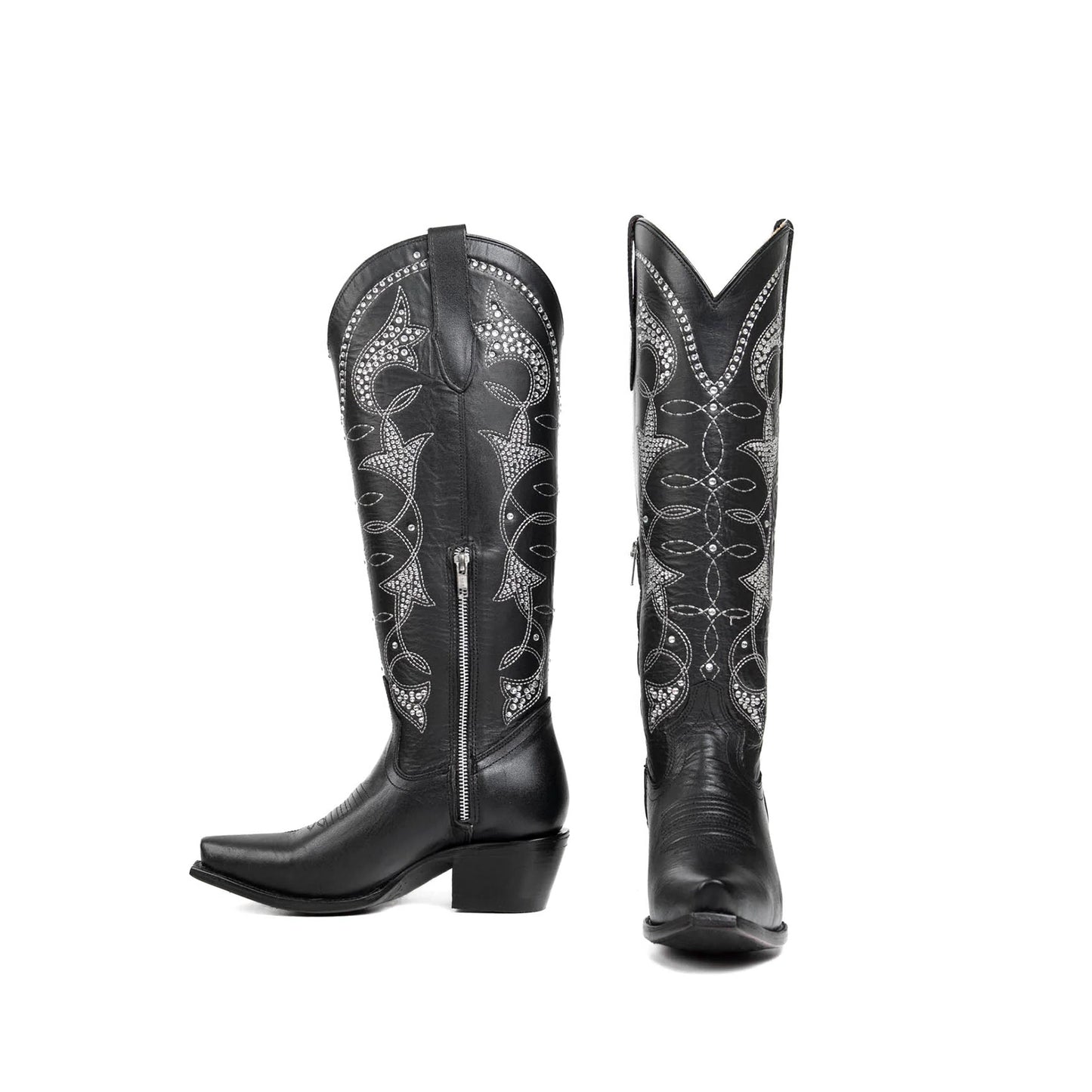 Black Snip-Toe Rhinestone Embroidery Half-Zip Knee High Cowgirl Boots