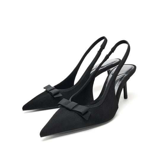 Black Faux Suede Pointed-Toe Front Satin Bow Slingback Kitten Heels