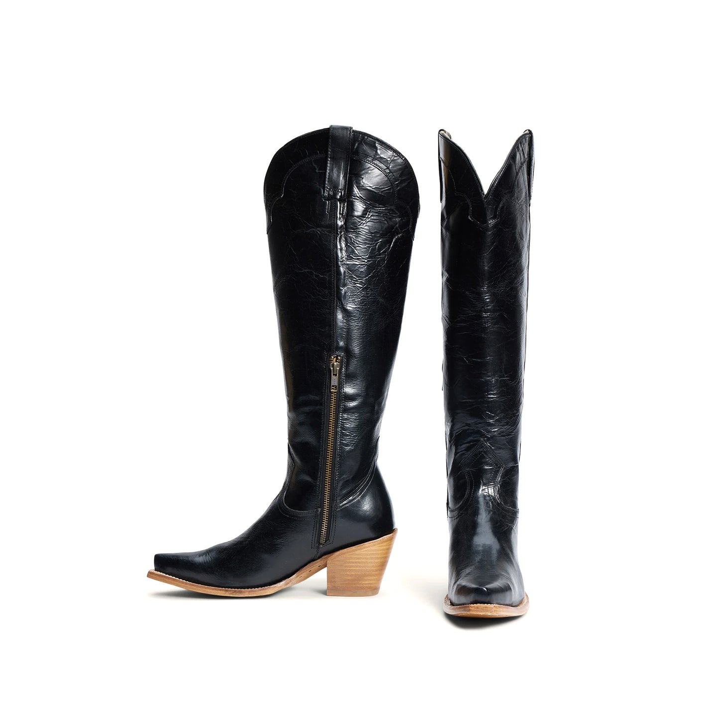 Black Snip-Toe Simple Half-Zip Tall Knee High Cowgirl Boots
