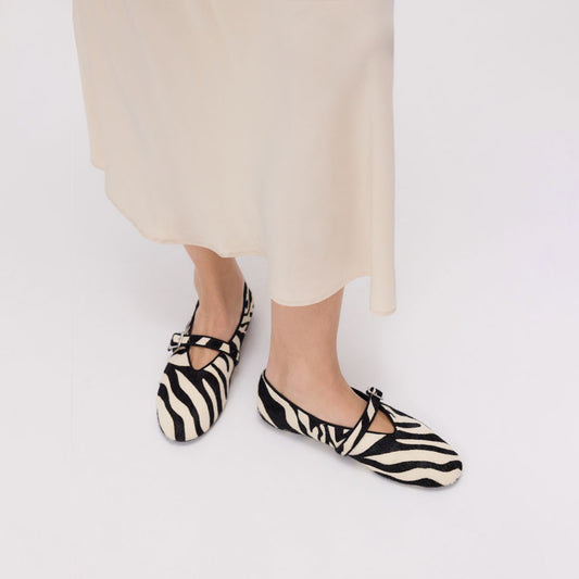 Zebra Print Pony Hair Round-Toe Bridge Strap Ballet Flats