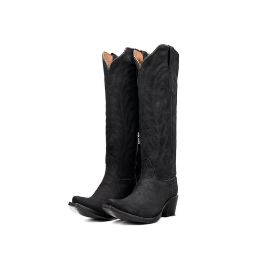 Black Snip-Toe Thread Stitching Half-Zip Knee High Cowgirl Boots