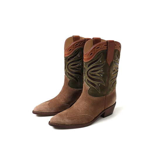 Dark Tan Pointed-Toe Inlays Studded Mid Calf Cowgirl Boots