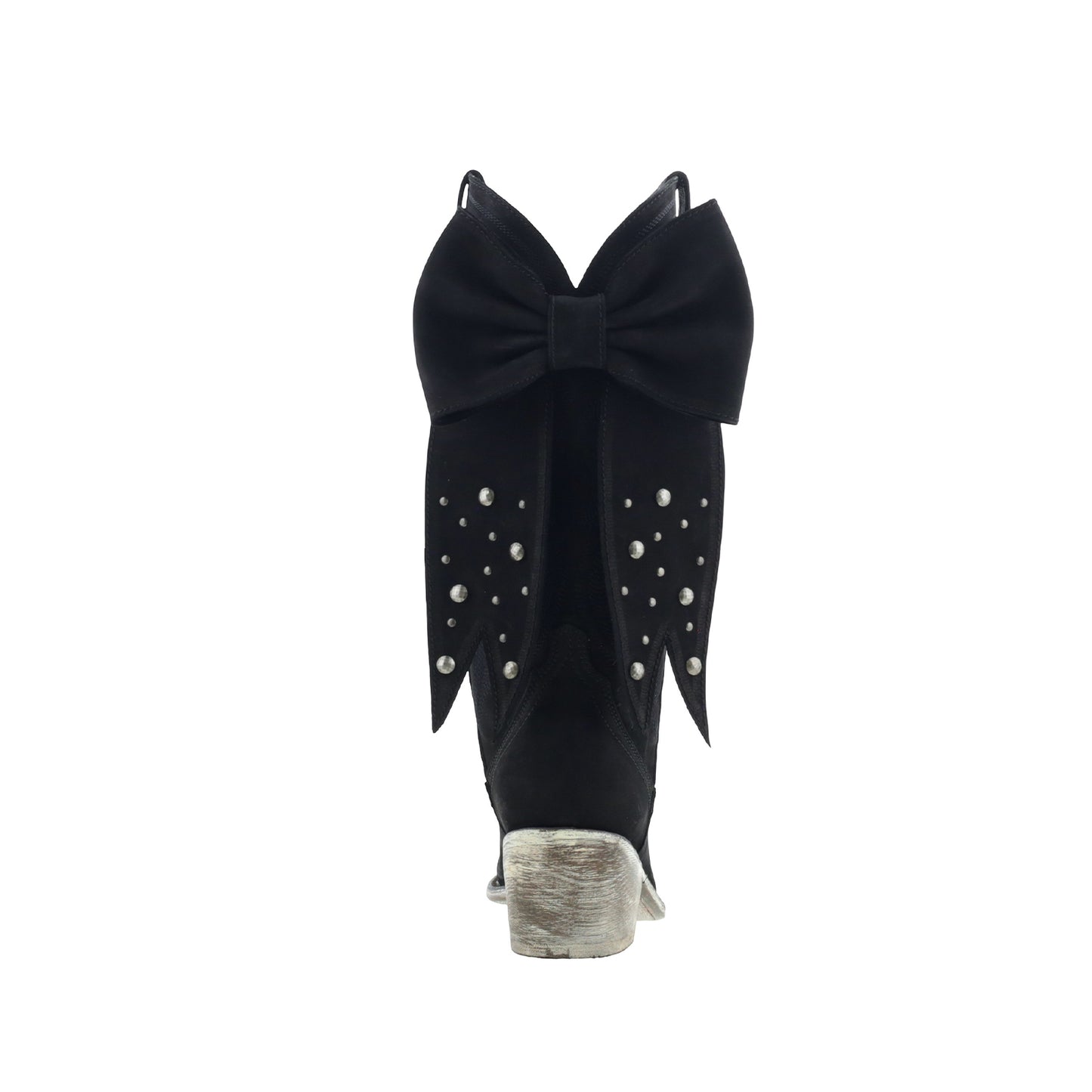 Black Pointed-Toe Embroidery Back Studded Bow Mid Calf Cowgirl Boots
