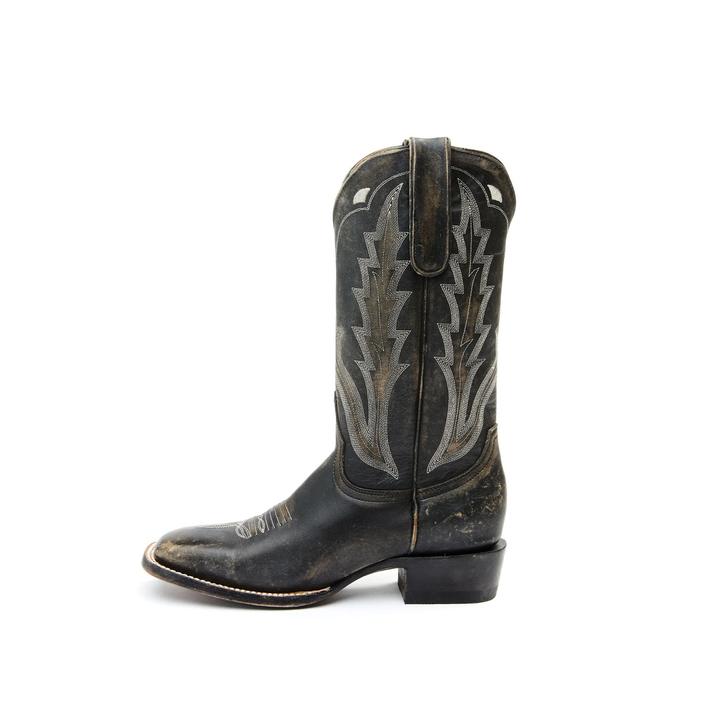 Distressed Black Square-Toe Embroidery Mid Calf Cowgirl Boots