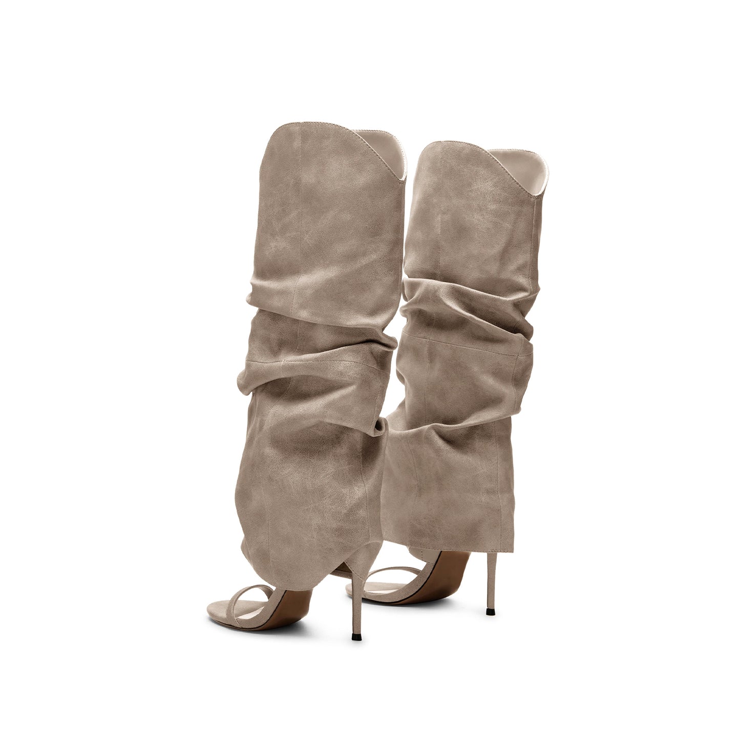 Gray Open Round-Toe Fold-Over Wide Calf Knee High Stiletto Boots