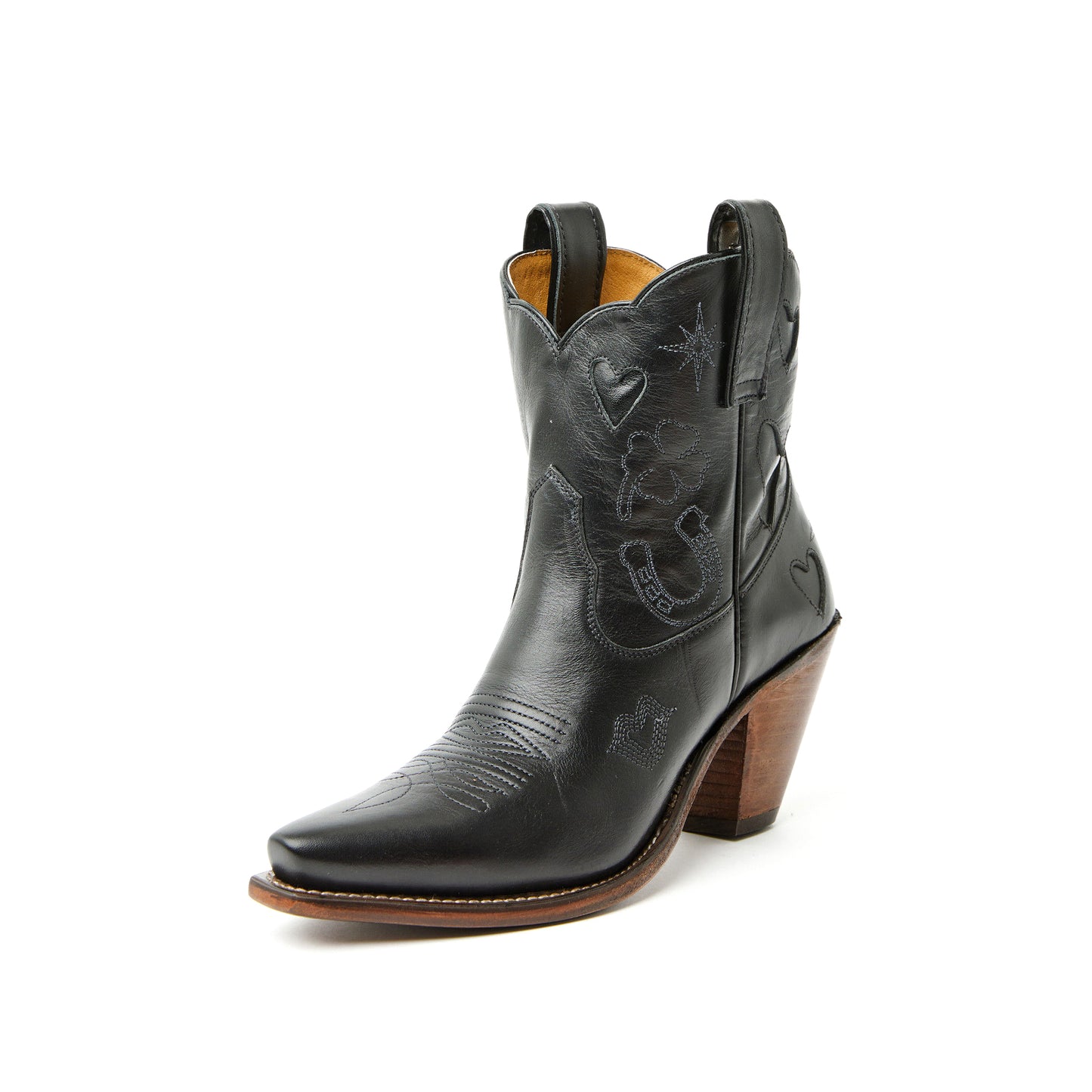 Black Snip-Toe Heart Inlay Horseshoe Embroidery Ankle Cowgirl Boots