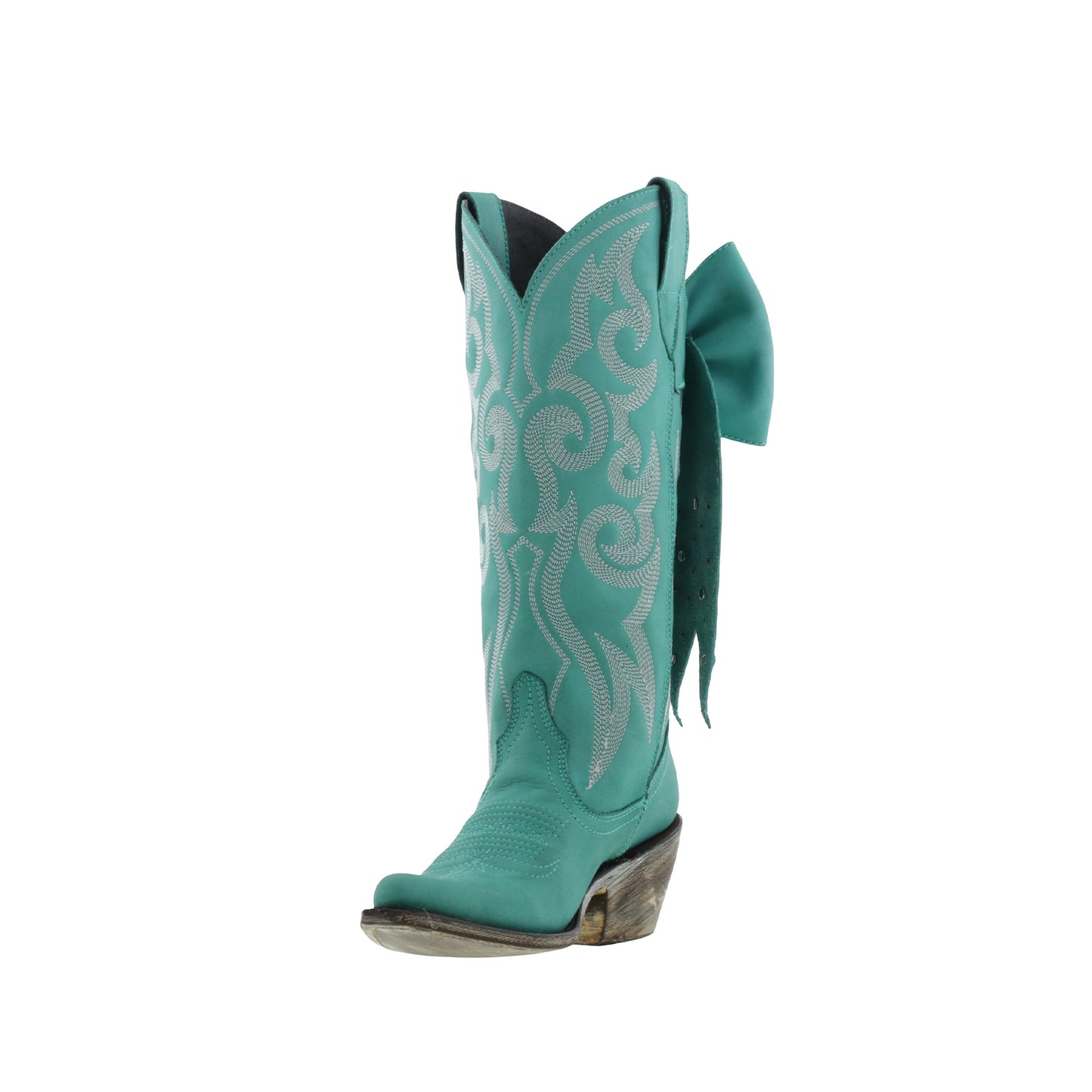 Turquoise Pointed-Toe Embroidery Back Studded Bow Mid Calf Cowgirl Boots