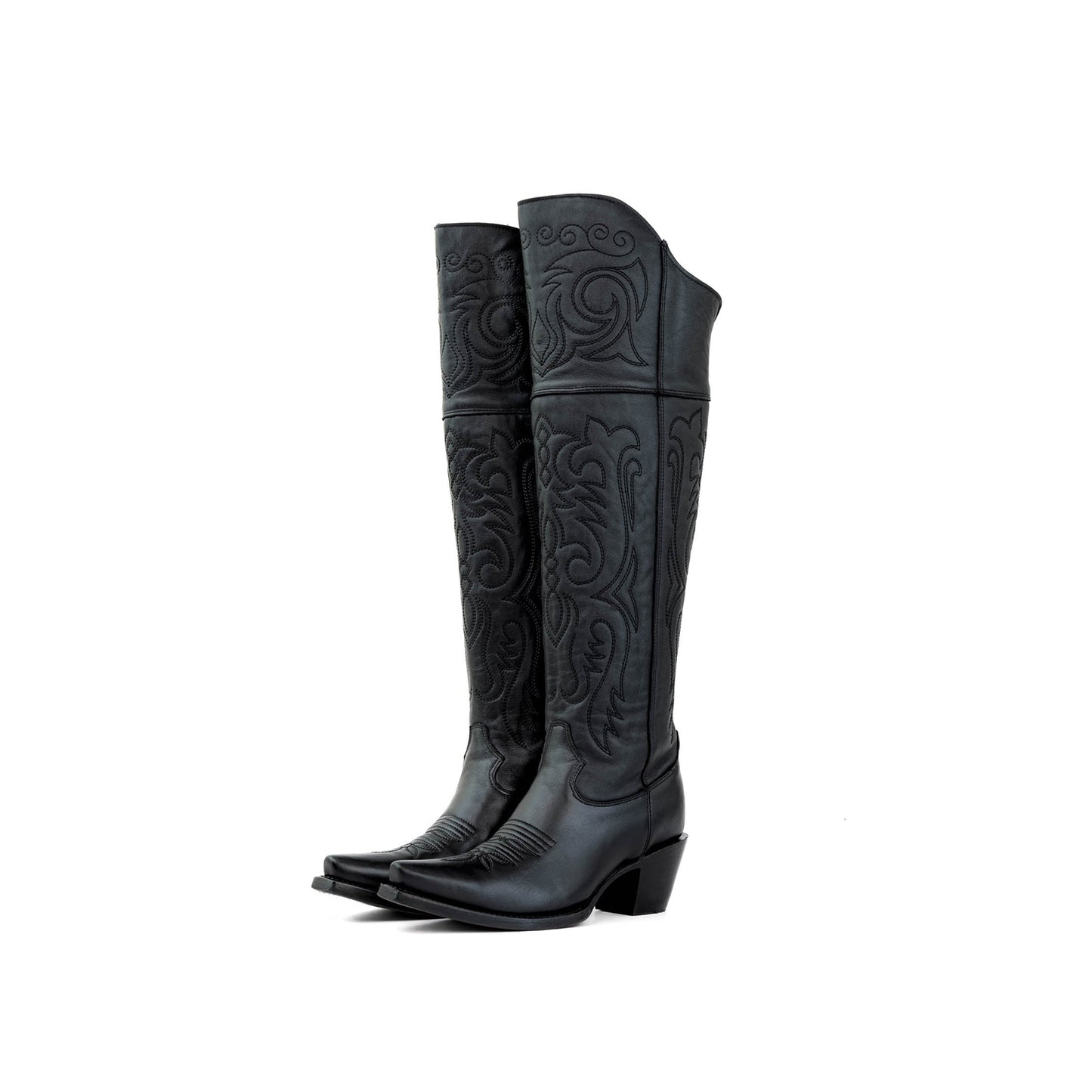 Black Snip-Toe Classic Embroidery Half-Zip Over-The-Knee Cowgirl Boots