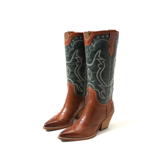 Contrast Green And Copper Pointed-Toe Embroidery Wide Calf Knee High Cowgirl Boots