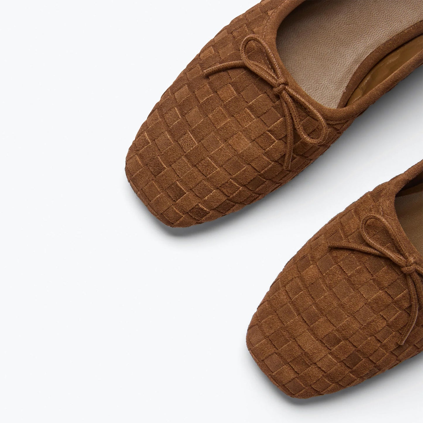 Coffee Woven Faux Suede Square-Toe Front Bow Ballet Flats