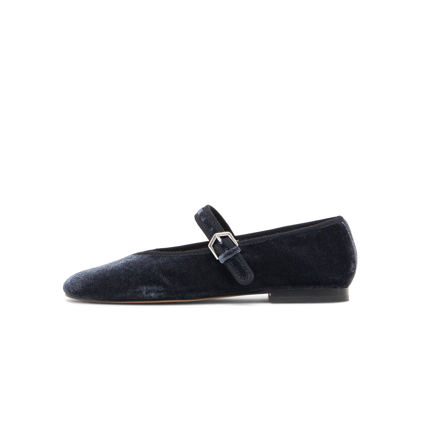 Dark Blue Velvet Round-Toe Vegan Leather Bridge Strap Ballet Flats
