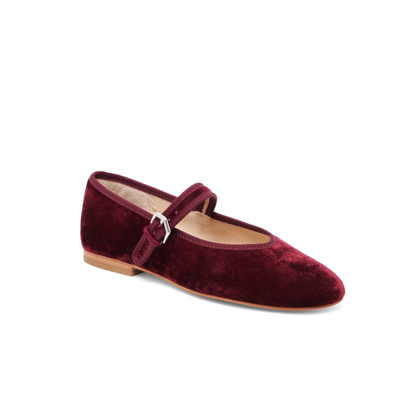 Wine Red Velvet Round-Toe Vegan Leather Bridge Strap Ballet Flats