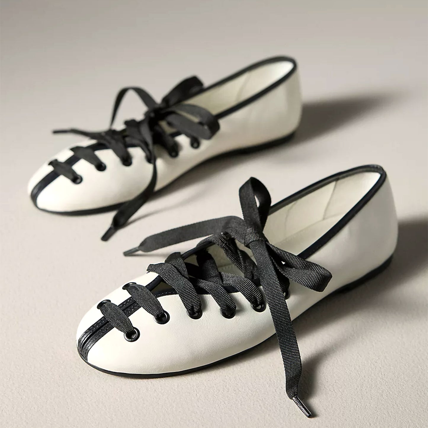 White Round-Toe Black Lace-Up Ballet Flats