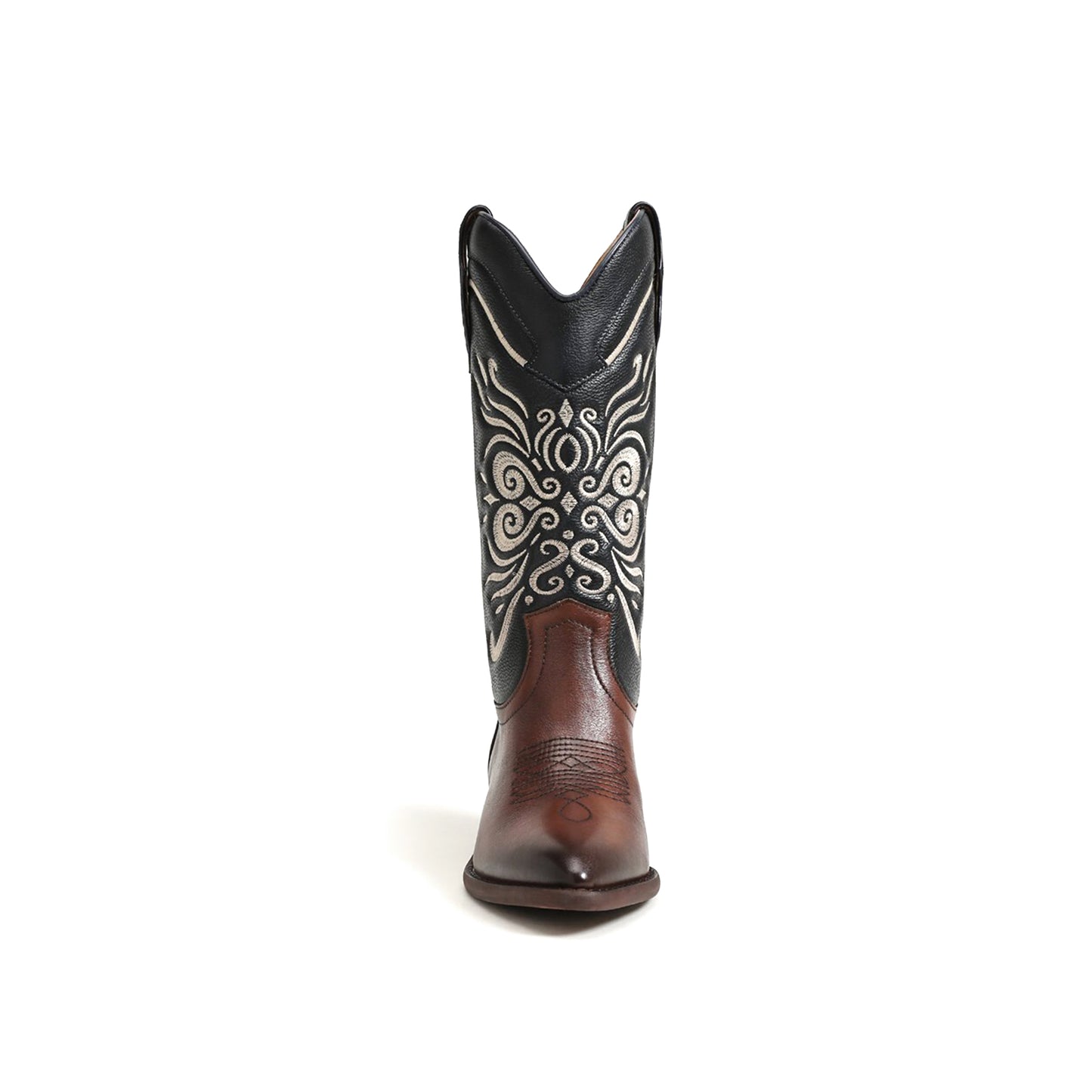 Contrast Black And Brown Pointed-Toe Chic Embroidery Mid Calf Cowgirl Boots