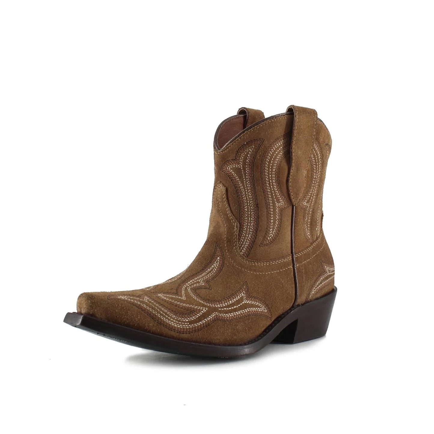 Dark Gold Faux Suede Snip-Toe Embroidery Ankle Cowgirl Boots