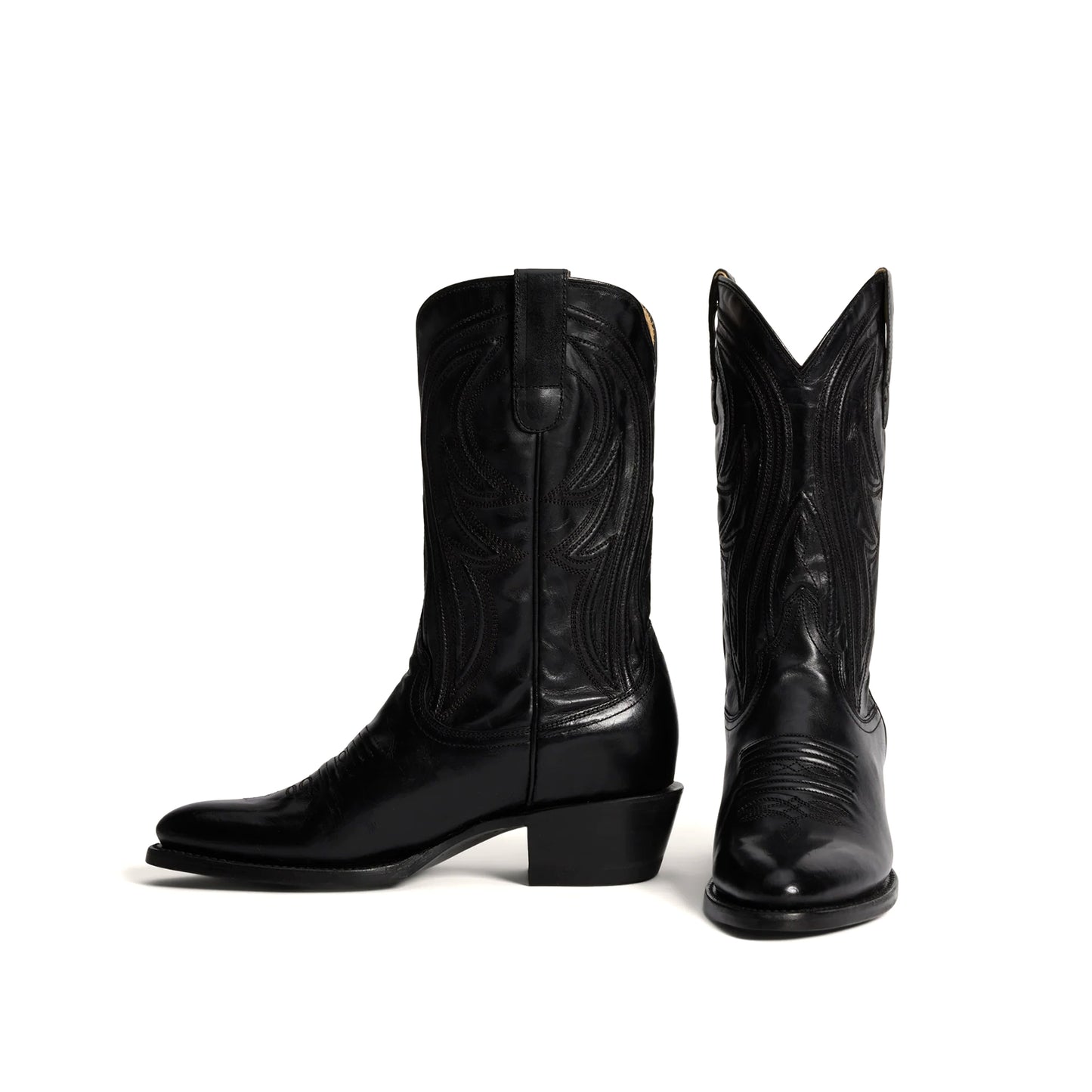 Black Almond-Toe Embroidery Classic Mid Calf Cowgirl Boots