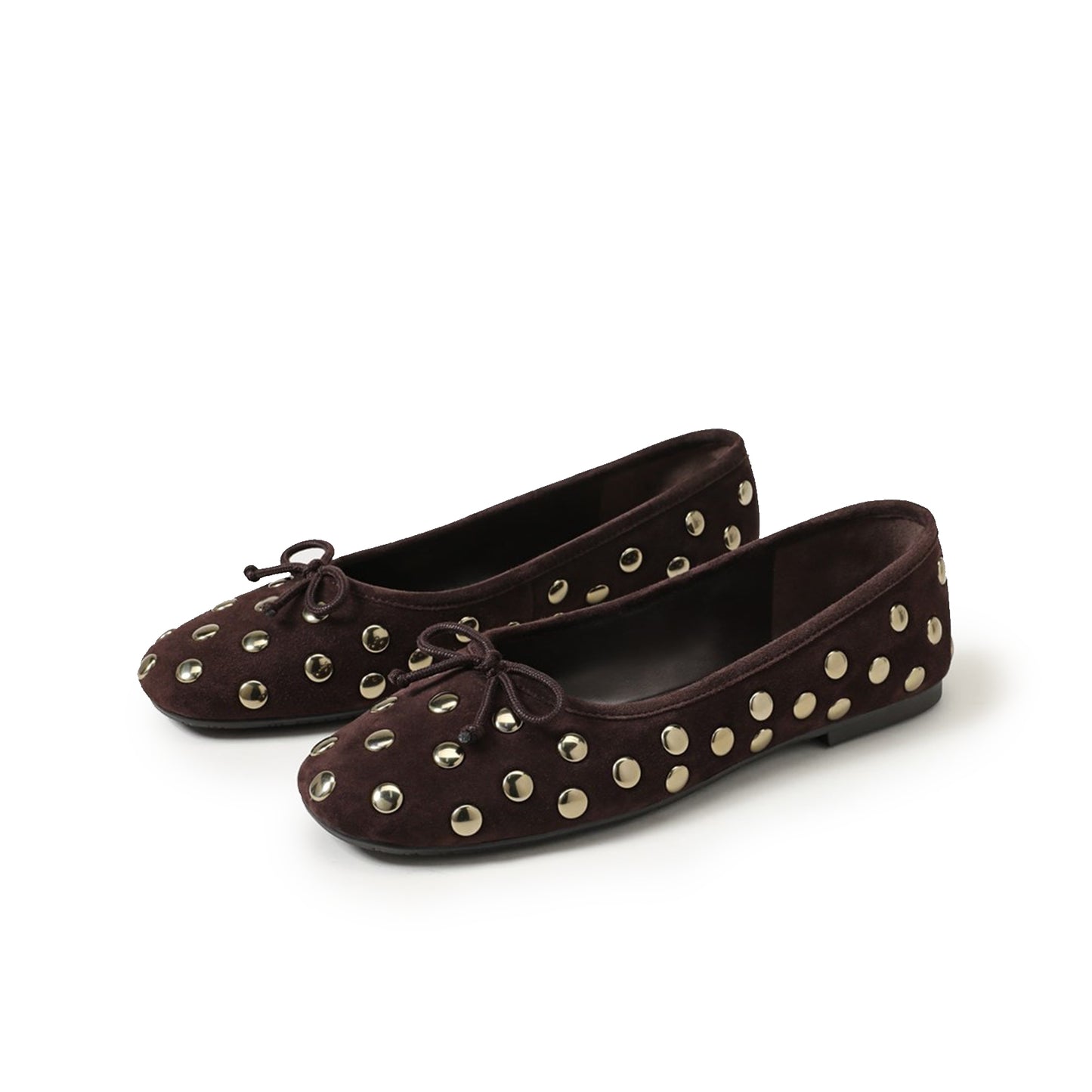 Coffee Faux Suede Square-Toe Studded Slip-On Flats