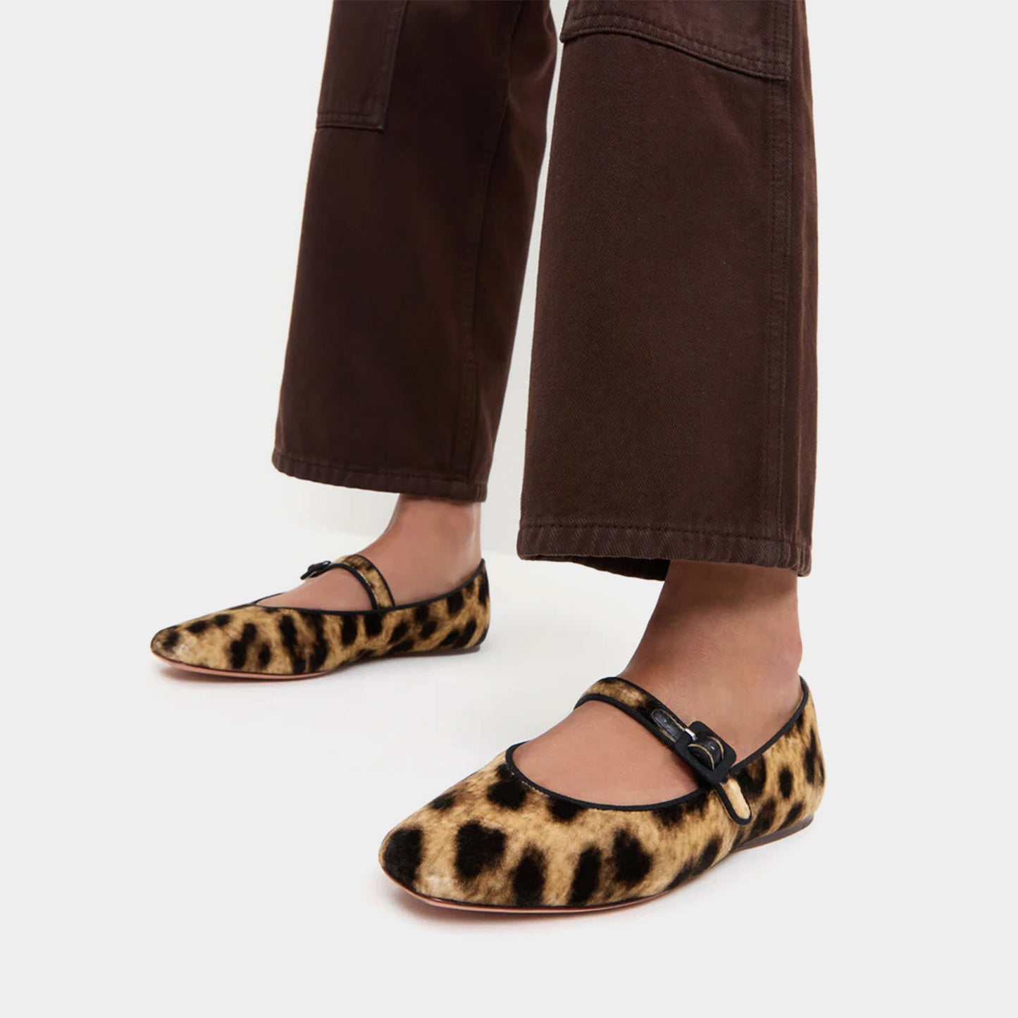Leopard Faux Suede Square-Toe Bridge Strap Ballet Flats