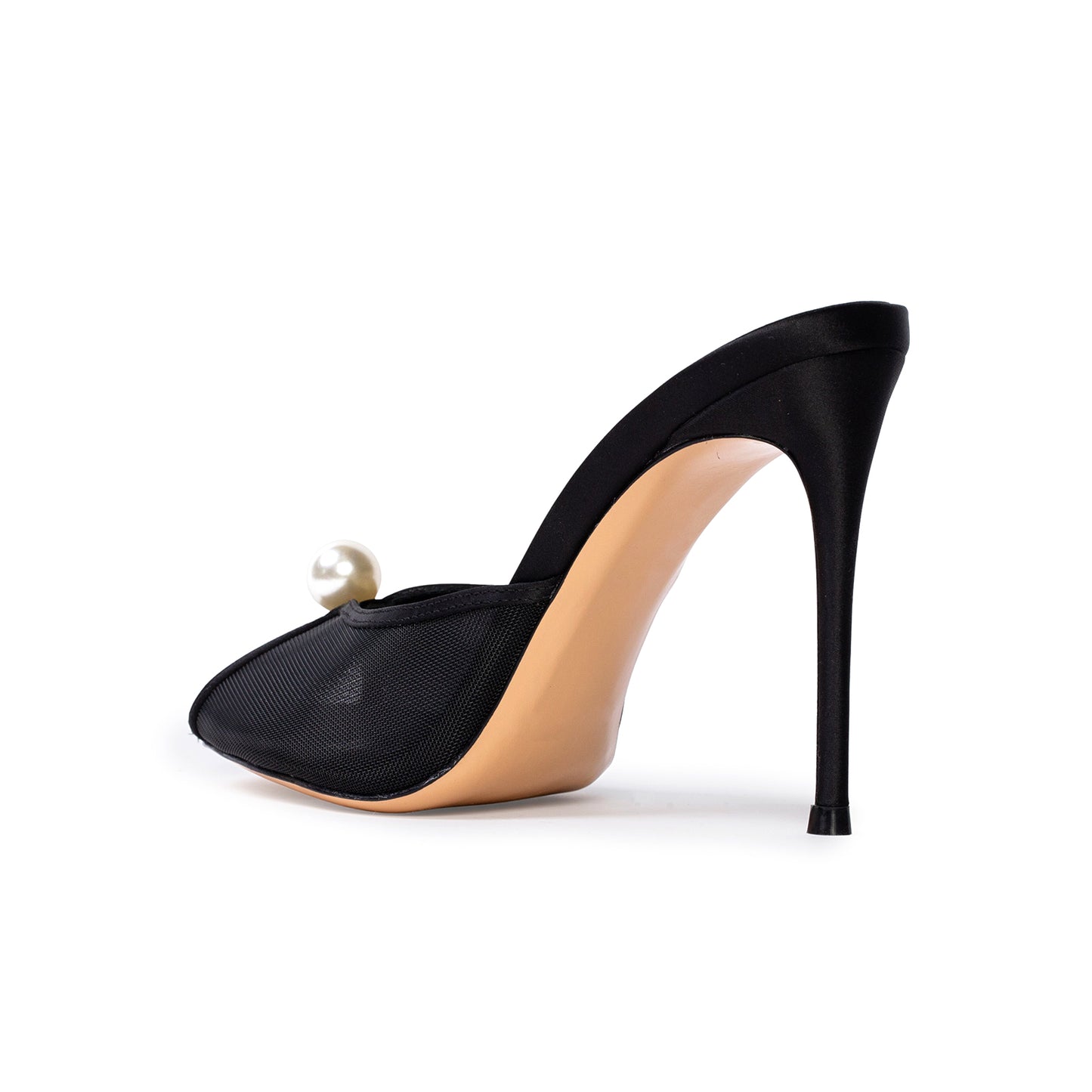 Black Mesh Satin Round-Toe Front Pearl Backless High Heels