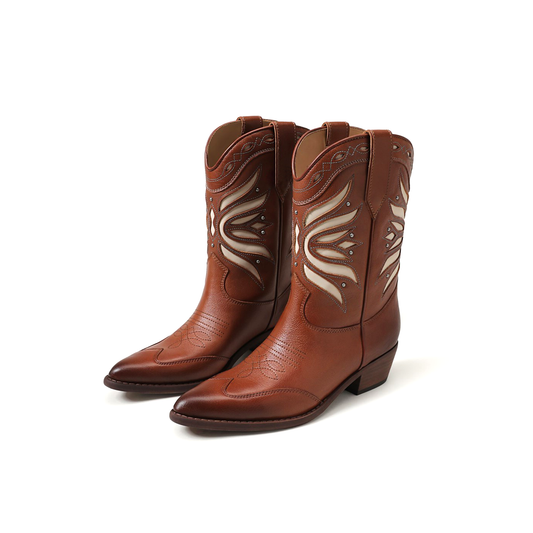 Brown Pointed-Toe Inlays Studded Mid Calf Cowgirl Boots