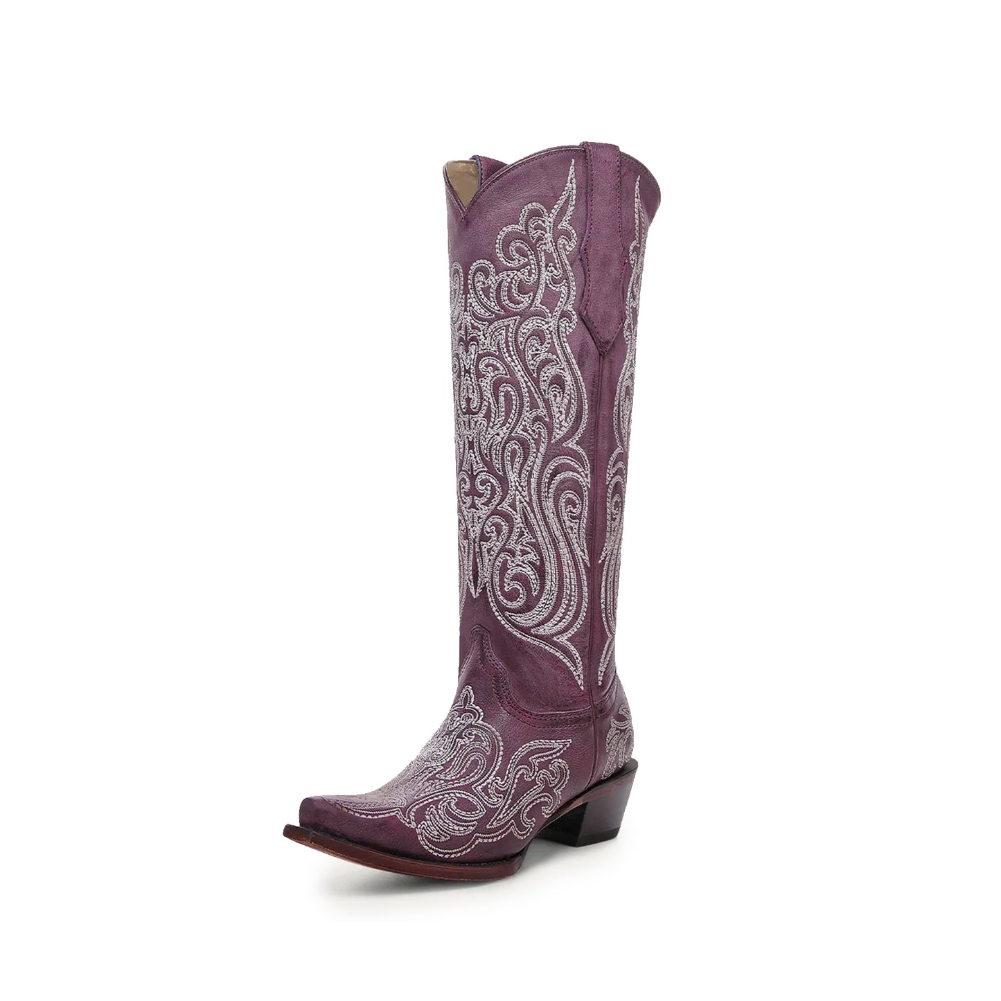 Dark Pink Snip-Toe Embroidery Wide Calf Knee High Cowgirl Boots