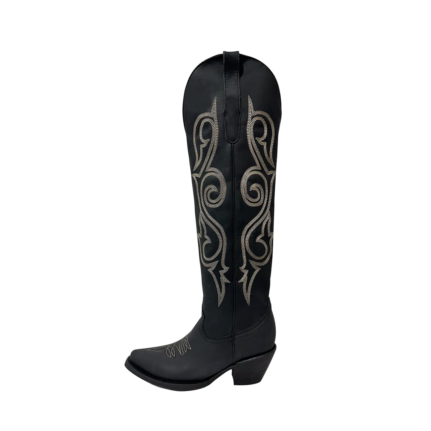 Black Snip-Toe Classic Embroidery Wide Calf Knee High Tall Cowgirl Boots