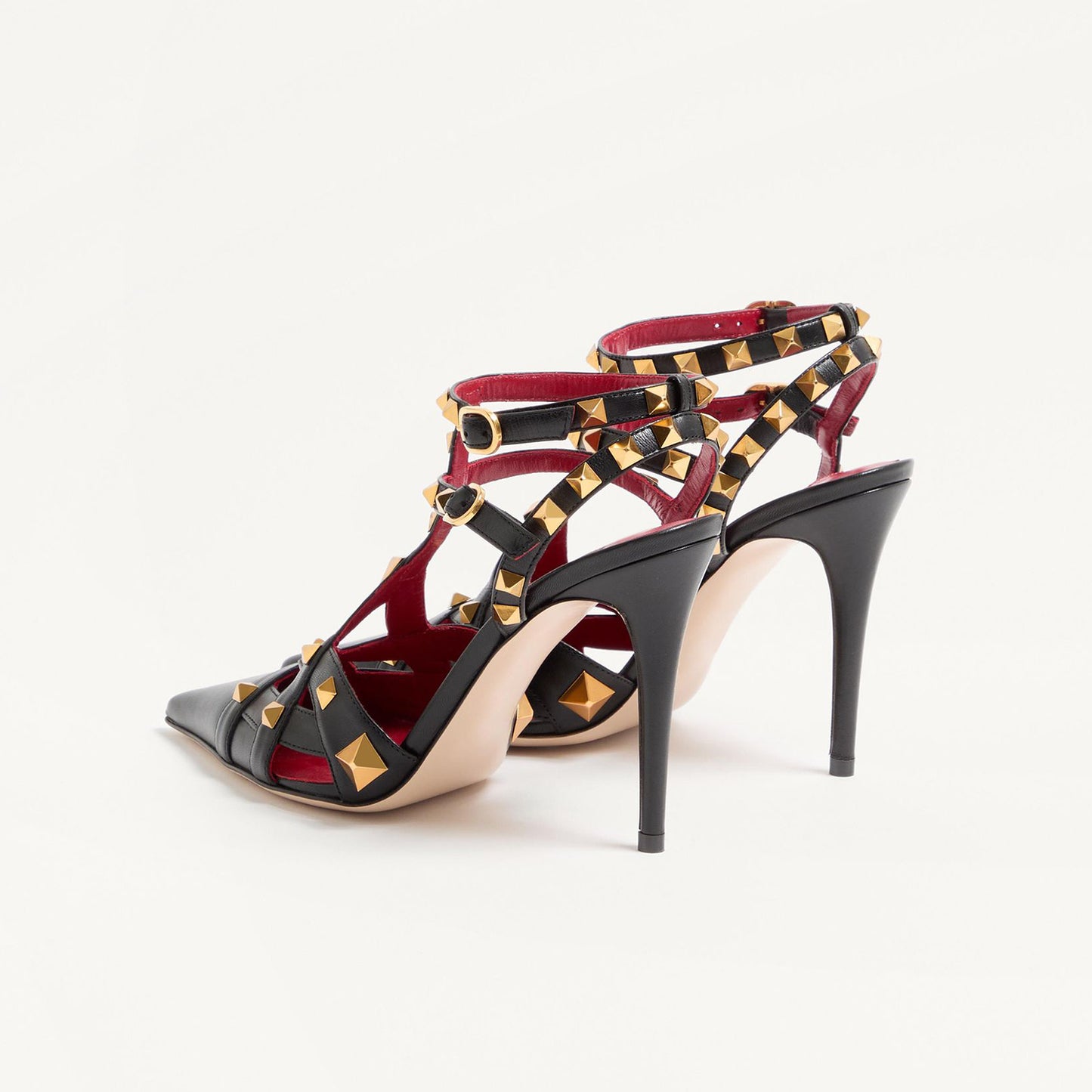 Black Pointed-Toe Studded Strappy Ankle Strap High Heels